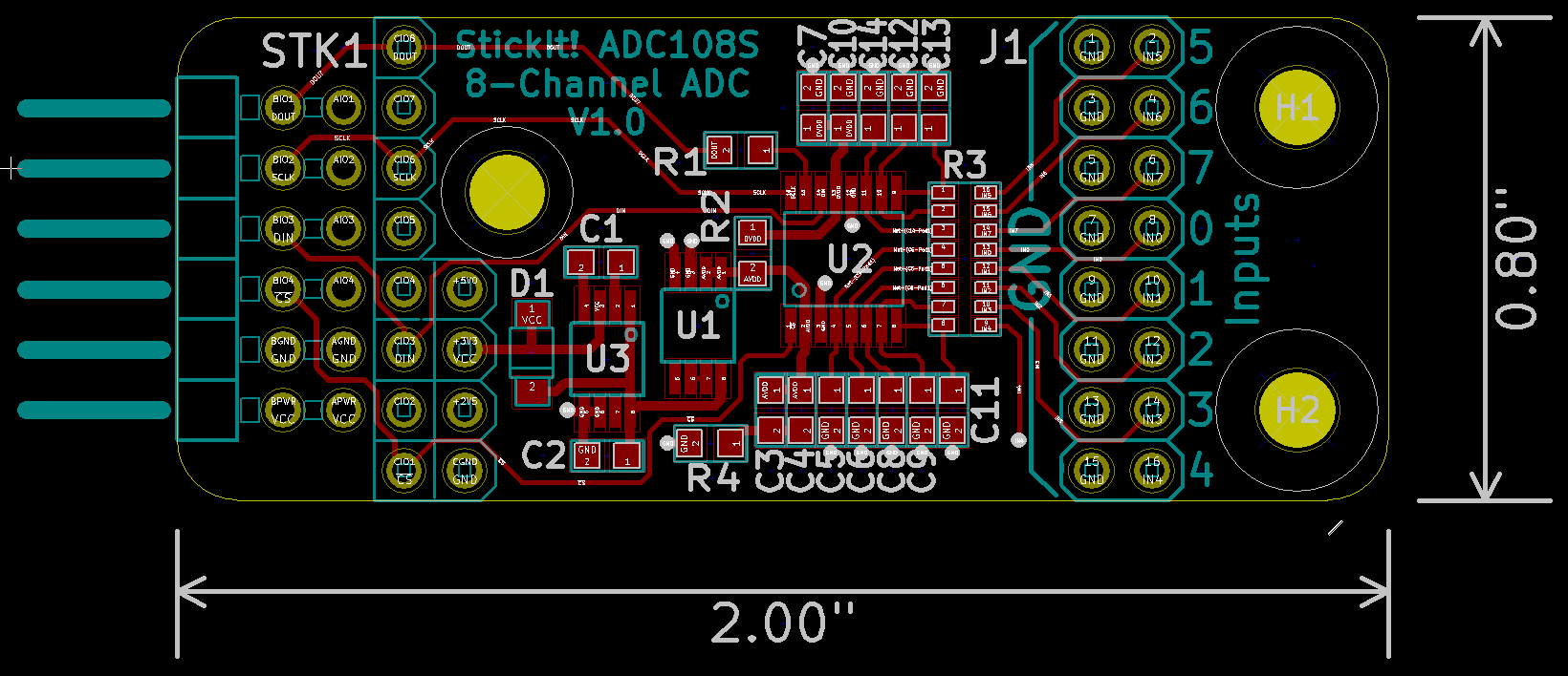 StickIt! ADC108S PCB layout (front)