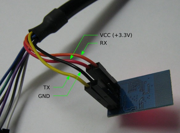 Connection of the C232HM cable to the ESP8266 module pin header.