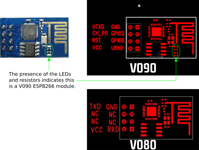 PCB layouts for versions V080 and V090 of the ESP8266 module.