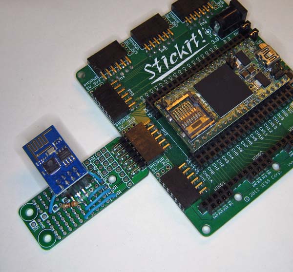 Attachment of prototyping board with ESP8266 Wifi module to StickIt! board with XuLA2 FPGA board